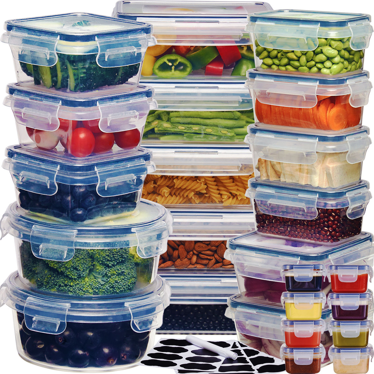 48Pcs Food Storage Containers Set Kitchen Organizers Meal Prep Container Airtight, BPA-Free Stackable Reusable Snack Lunch Containers, Easy-Snap Lids, Plastic Snapware(24Containers+24 Lids)Pantry And Kitchen Organization With Free Labels And Marker